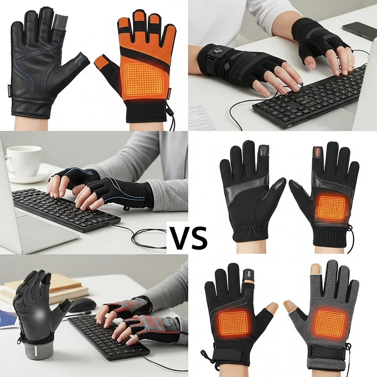 Visual comparison showcasing various styles and materials of heated typing gloves, including fingerless and full-finger options, designed for different preferences.