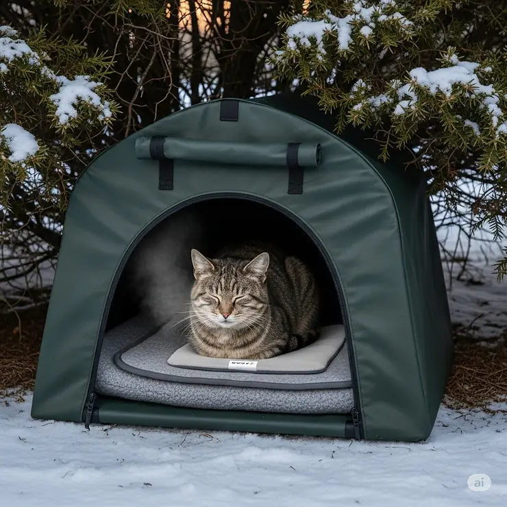 An outdoor heating pad neatly fitted inside an insulated cat shelter, providing warmth and comfort for feral or outdoor cats during winter.