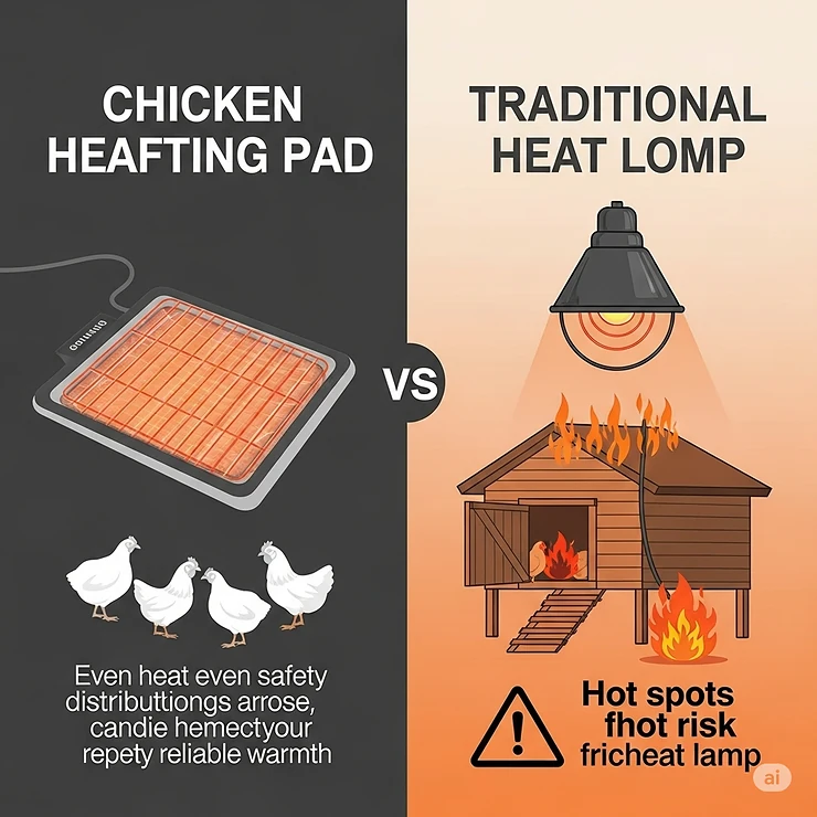 Infographic comparing the benefits of a chicken heating pad (even heat, safety) with a traditional heat lamp (hot spots, fire risk).