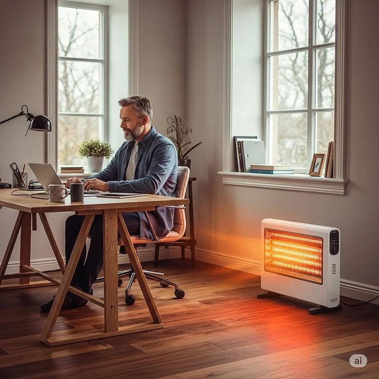 Efficient electric heater warming a modern home office with a person working at a desk, showcasing practical home office heating solutions for winter.