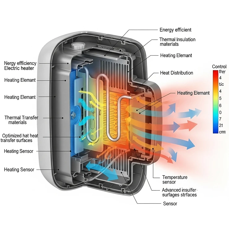 Diagram demonstrating the inner workings of a high-efficiency electric heater, showcasing its components and heat distribution process.