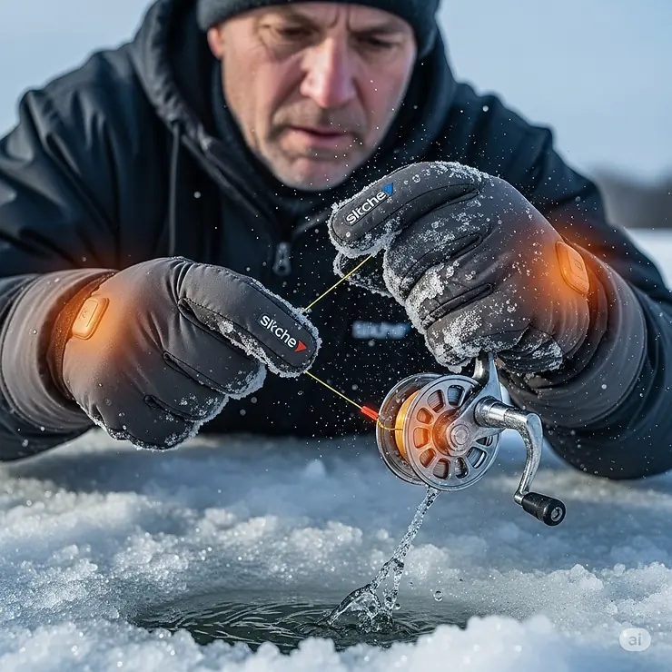 A close-up of an ice fisherman wearing insulated heated fishing gloves, actively tending to his line over a hole in the ice, showcasing their suitability for extreme cold.
