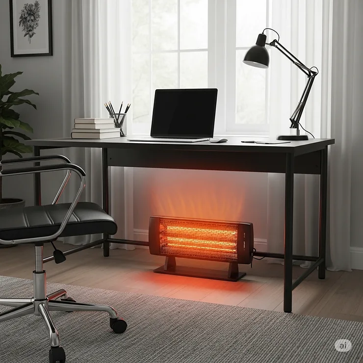Sleek infrared heater positioned under a desk, delivering targeted radiant heat for comfortable home office heating during the cold winter months.