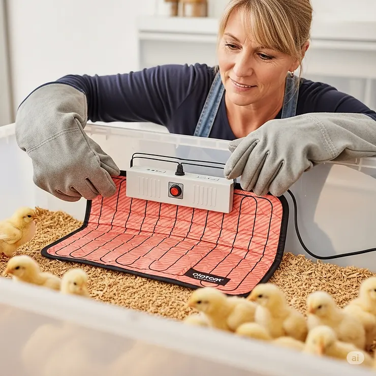 An owner safely installing a chicken heating pad in a brooder, emphasizing proper placement and electrical safety for chick welfare.