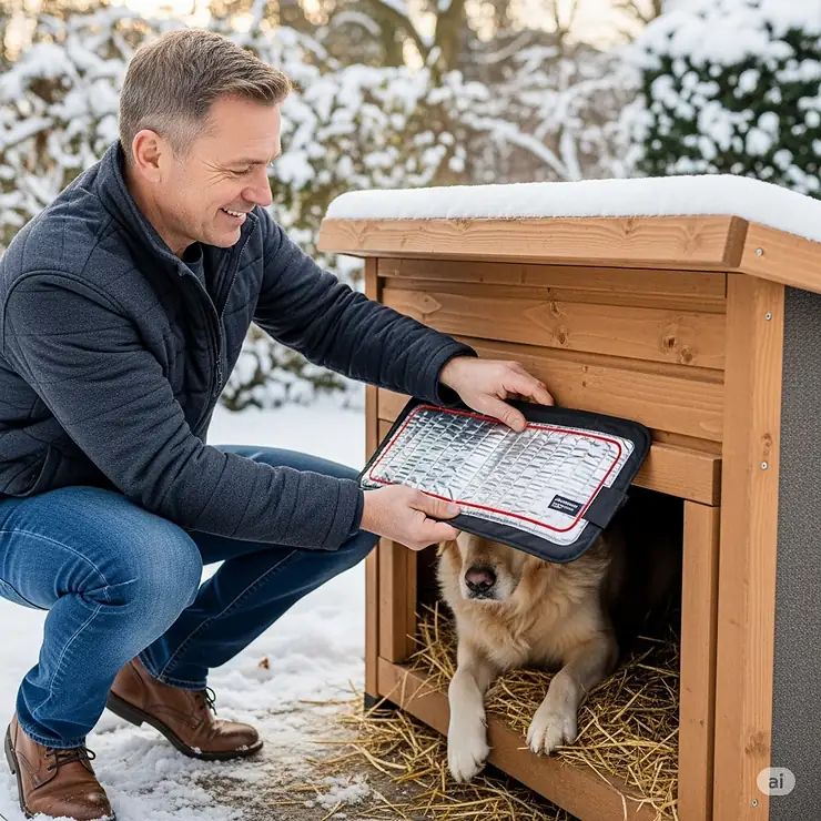 A caring pet owner easily installing an outdoor pet heating pad into a winterized pet shelter, ensuring their animal stays warm and comfortable.