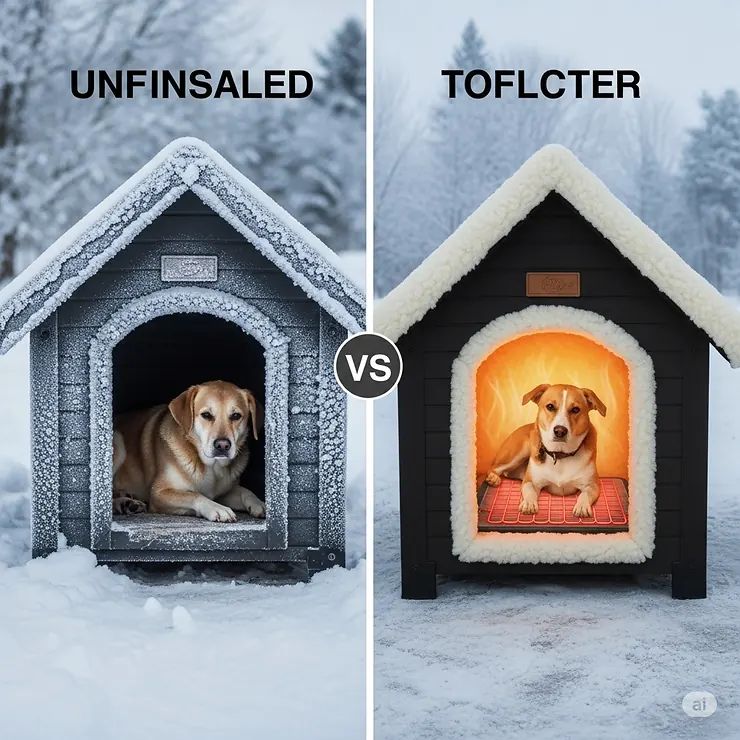 Visual comparison showing the difference in warmth and comfort between an uninsulated dog house and one with proper insulation and a dog house heating pad.