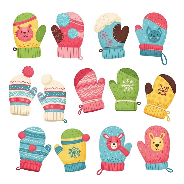 Illustration of colorful childrens mittens, designed to keep little hands warm and protected during winter play.