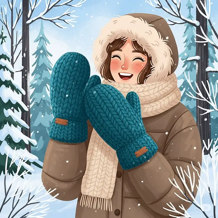 Illustration of a person wearing chunky knit mittens, ideal for outdoor activities in winter to provide hand warmth.