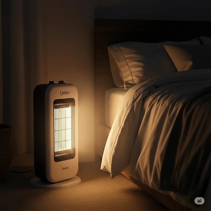 Quiet Lasko ceramic heater providing warmth in a bedroom, ensuring a comfortable sleeping environment.