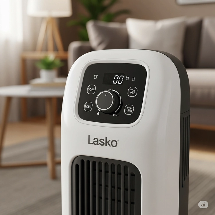 Close-up view of a modern Lasko ceramic heater, showcasing its sleek design and user-friendly controls, perfect for warming up a living room.