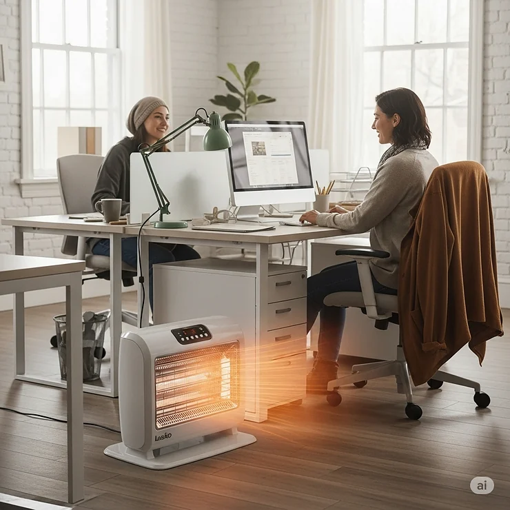 Lasko ceramic heater keeping an office workspace warm and comfortable during chilly weather.