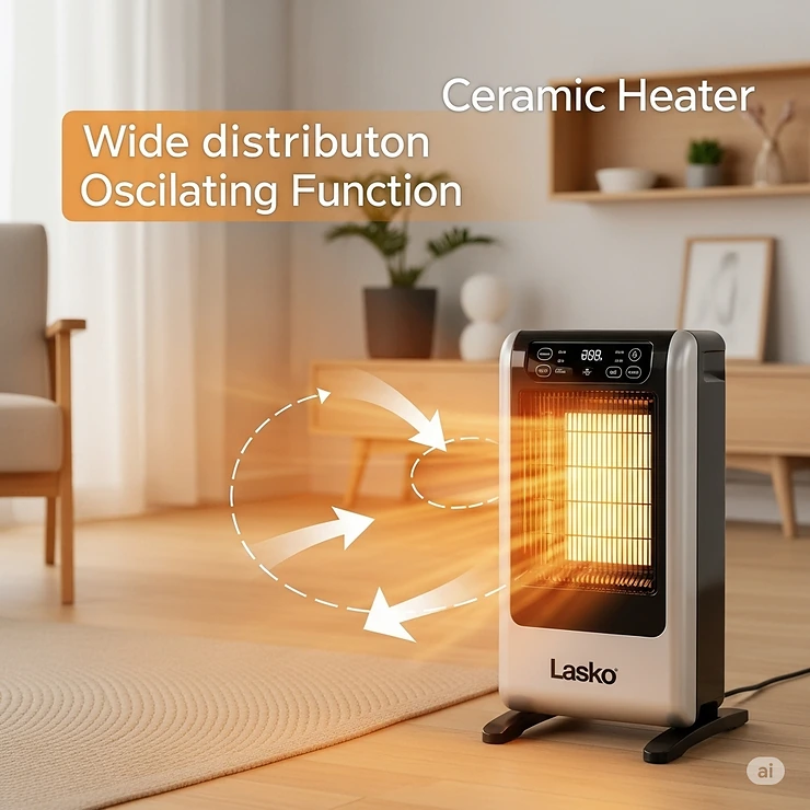 Lasko ceramic heater with oscillating function, demonstrating wide heat distribution across a room.