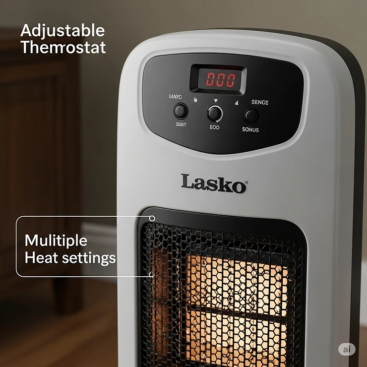 Lasko ceramic heater displaying its adjustable thermostat and multiple heat settings for customized warmth.