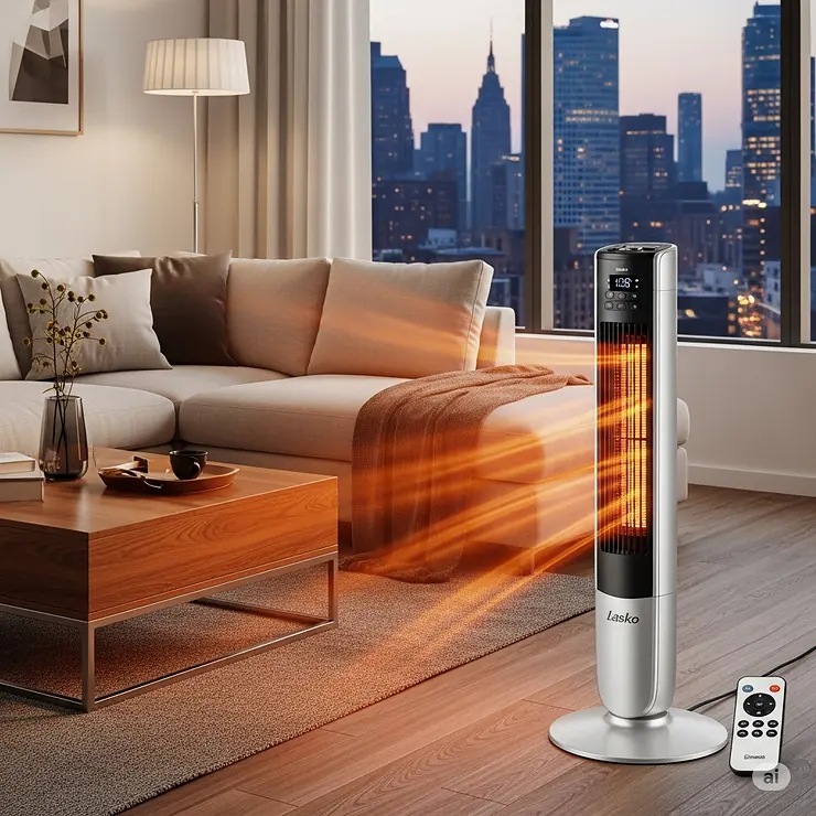 Lasko ceramic pedestal heater with digital display and remote, warming a modern living room.