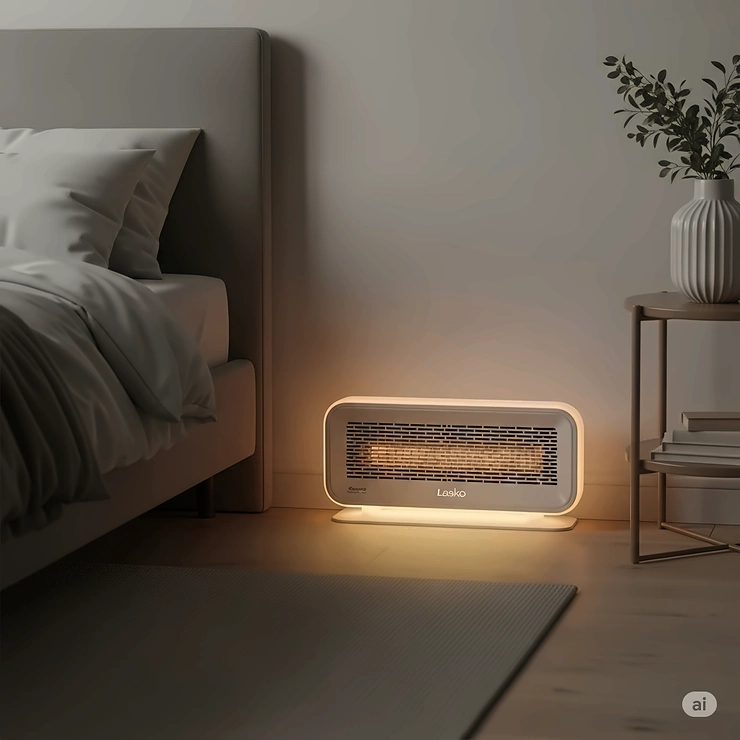 Lasko low profile heater placed subtly in a bedroom, demonstrating quiet operation and supplemental warmth for sleeping.