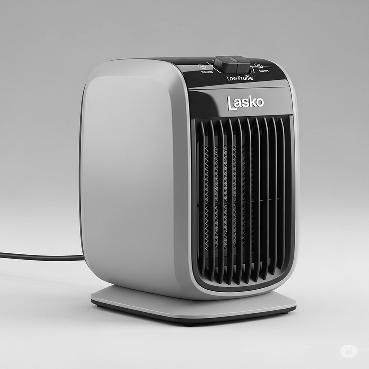 Close-up of a Lasko low profile heater highlighting its compact and sleek design, ideal for small spaces.