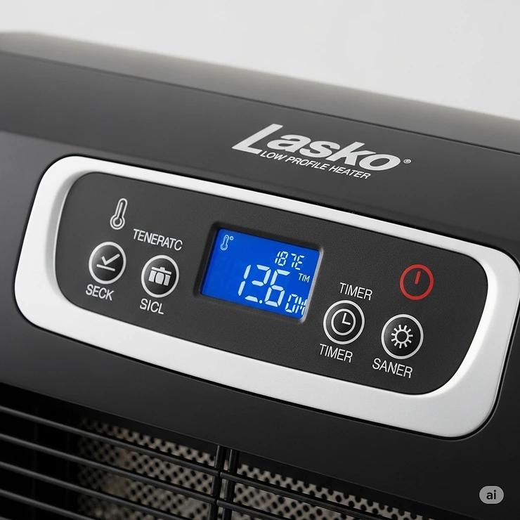 Detailed view of the user-friendly control panel on a Lasko low profile heater, showing temperature and timer settings.