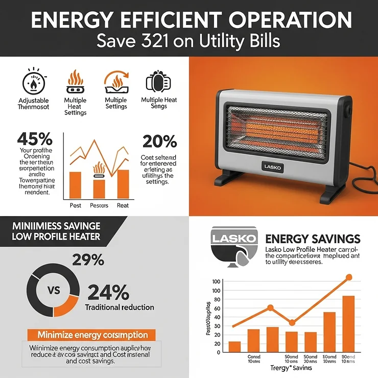 Infographic representing the energy-efficient operation of the Lasko low profile heater, saving on utility bills.