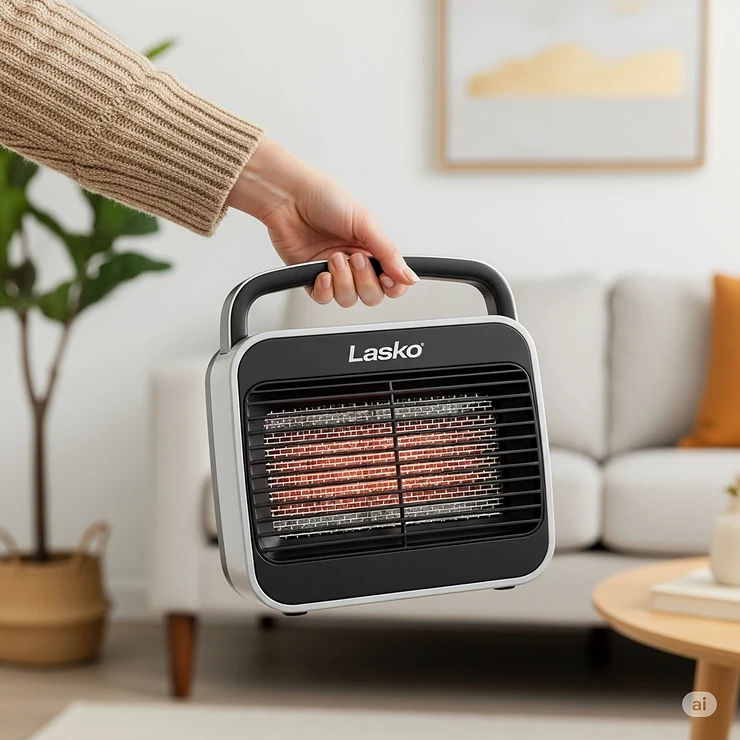 Image of a hand easily carrying a lightweight Lasko low profile heater, emphasizing its portability between rooms.