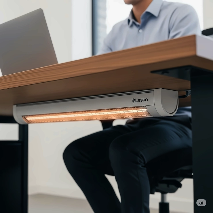 Lasko low profile heater positioned discreetly under an office desk, illustrating its space-saving convenience.
