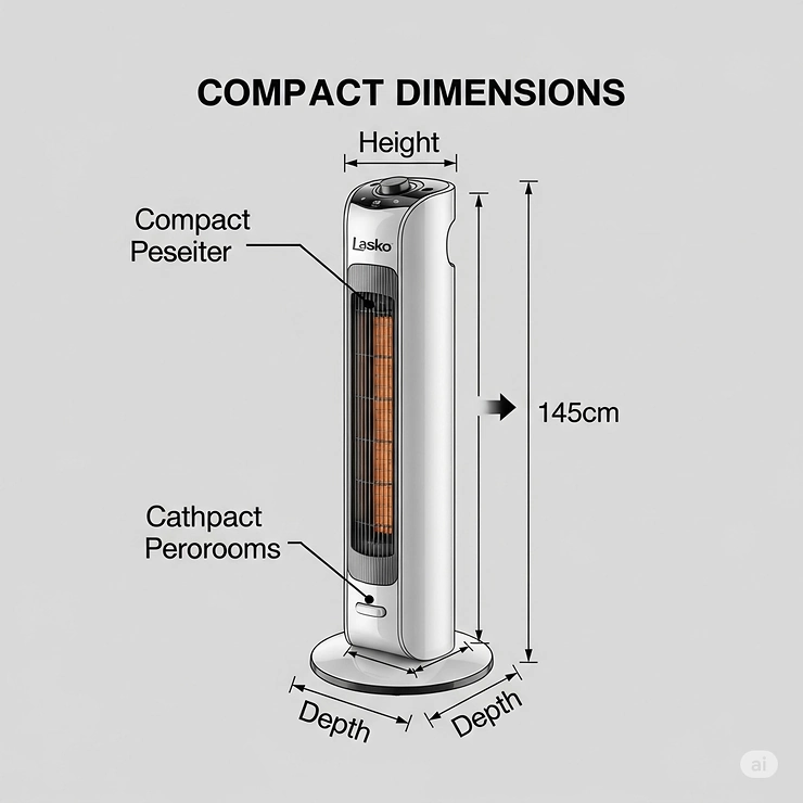 Diagram showing the compact dimensions of a Lasko ceramic pedestal heater, ideal for various spaces.