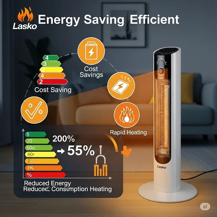 Graphic representing the energy-saving benefits and efficient operation of a Lasko ceramic pedestal heater.