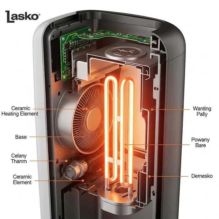 Cutaway view of the ceramic heating element inside a Lasko pedestal heater for efficient warmth.