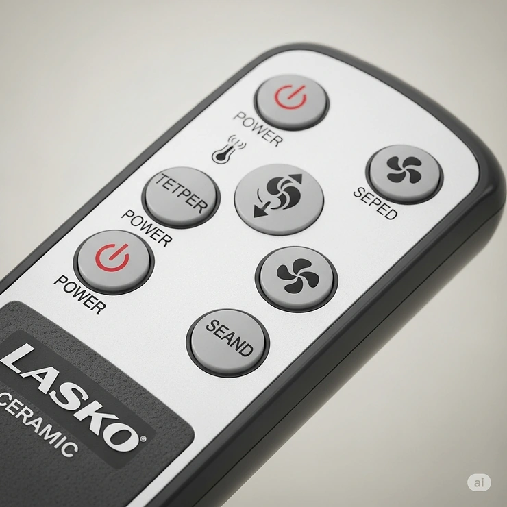 Close-up of the remote control for a Lasko ceramic pedestal heater, highlighting its ease of use.