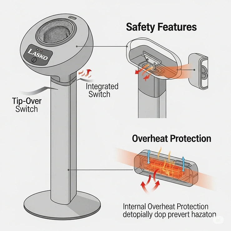 Illustration of the safety features of a Lasko ceramic pedestal heater, including tip-over switch and overheat protection.
