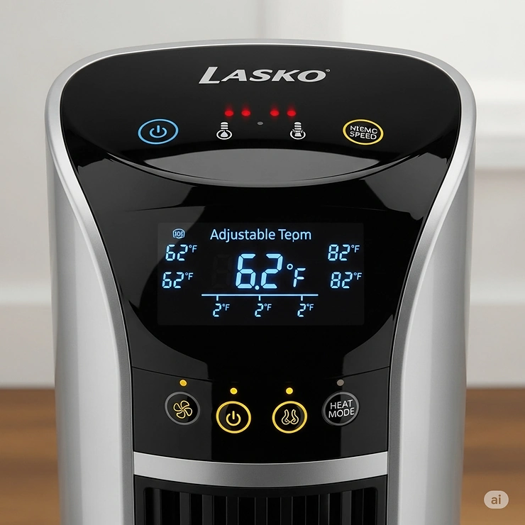 Digital thermostat display on a Lasko ceramic pedestal heater, indicating adjustable temperature settings.