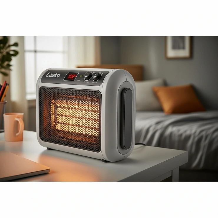 Compact Lasko ceramic heater, ideal for quickly heating small personal spaces like an office or bedroom.