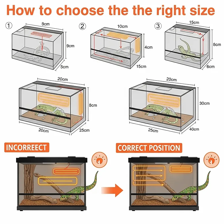 A visual guide demonstrating how to choose the right size of lizard heating pad based on the dimensions of the reptile enclosure, ensuring adequate warmth.