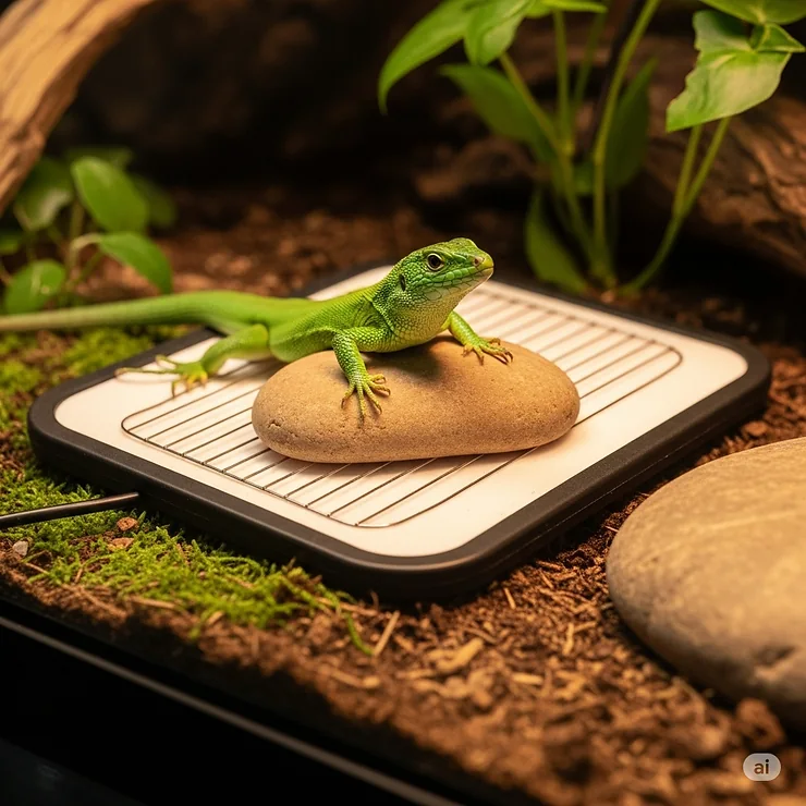A happy, alert lizard basking on a warm spot within its enclosure, indicating the effective use of a reptile heating pad for their comfort and health.