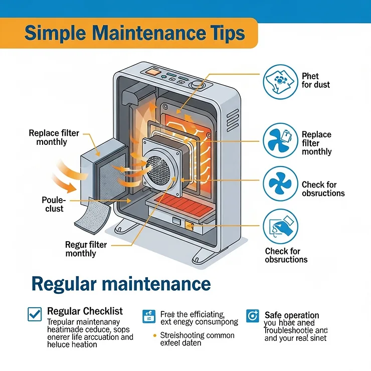 Visual guide illustrating simple maintenance tips for an energy-efficient heater to ensure its longevity and optimal performance.
