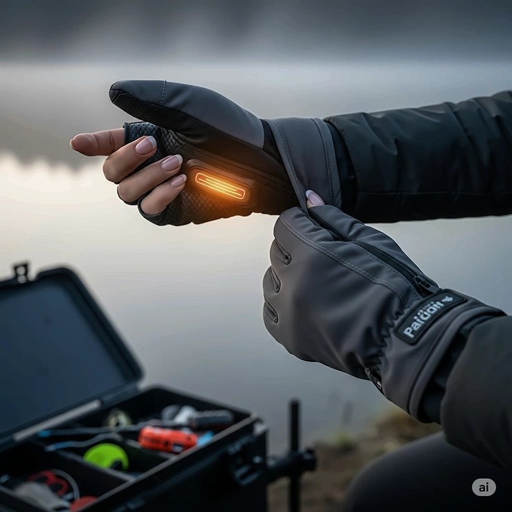 A close-up shot of a person's hands putting on a pair of heated fishing gloves, emphasizing the ease of use and readiness for a fishing trip in chilly conditions.