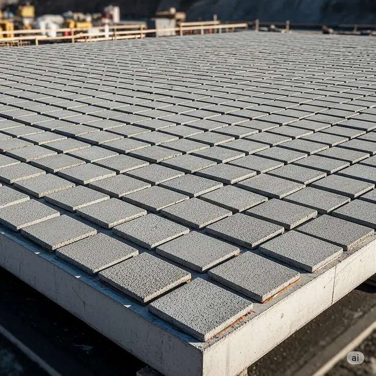 Large concrete slab covered with multiple concrete heat blankets, demonstrating their use for curing extensive areas.