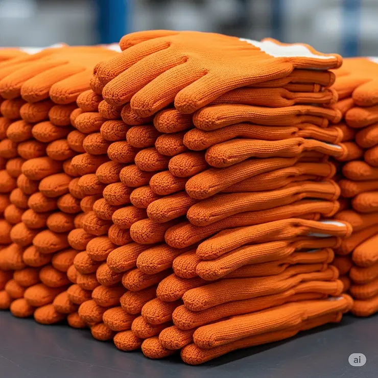 A neatly stacked pile of brand new heat resistant work gloves, ready for distribution, symbolizing quality and readiness for demanding tasks.