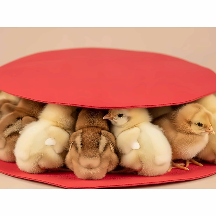 Adorable newborn chicks resting cozily beneath a flat chicken heating pad, demonstrating essential warmth for their early development.