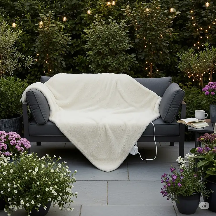A cozy outdoor setting with an electric blanket draped over a garden sofa, perfect for extending evenings on the patio or deck.