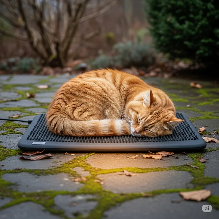 A cozy cat curled up and sleeping soundly on a durable, weather-resistant outdoor heating pad designed for feline comfort in cold weather.