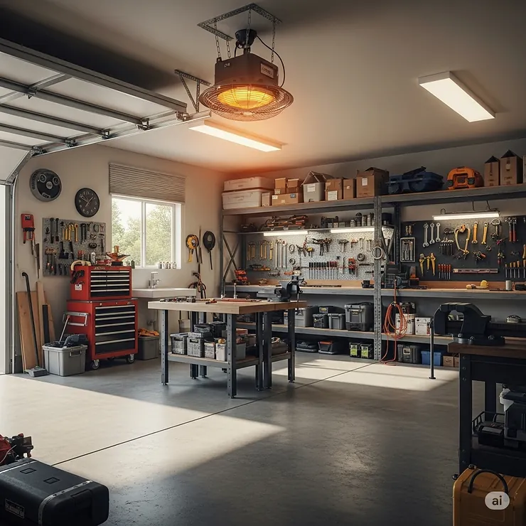 Overhead fan heater warming a spacious garage workshop, ideal for hobbyists and DIY enthusiasts.