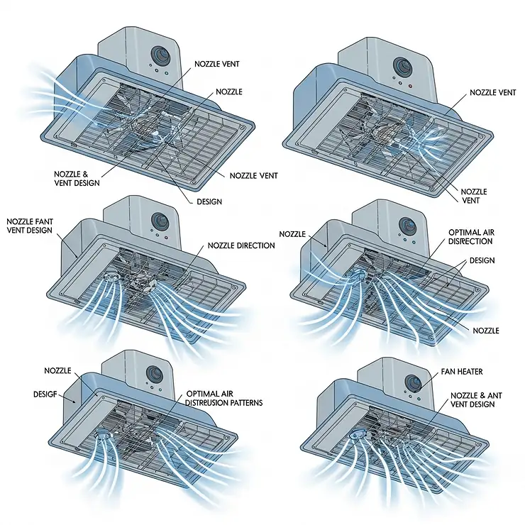 Close-up illustration showcasing various nozzle and vent designs on different overhead fan heaters for optimal air distribution.