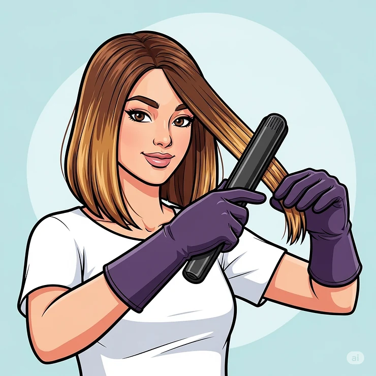 Illustration of someone safely straightening their hair with a flat iron while wearing heat resistant gloves for hair protection.