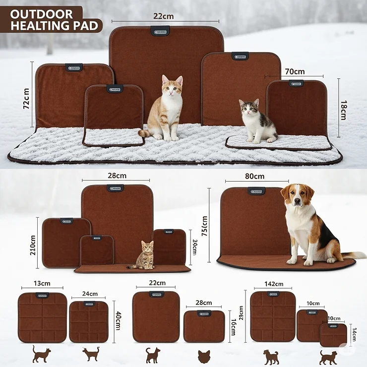 Various sizes of outdoor pet heating pads displayed, suitable for small cats to large dogs, ensuring every pet can find their perfect fit.