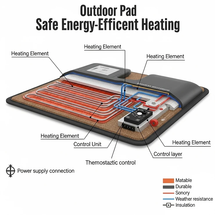 Diagram illustrating the safe, energy-efficient internal heating elements and thermostatic control within an outdoor pet heating pad for consistent warmth.