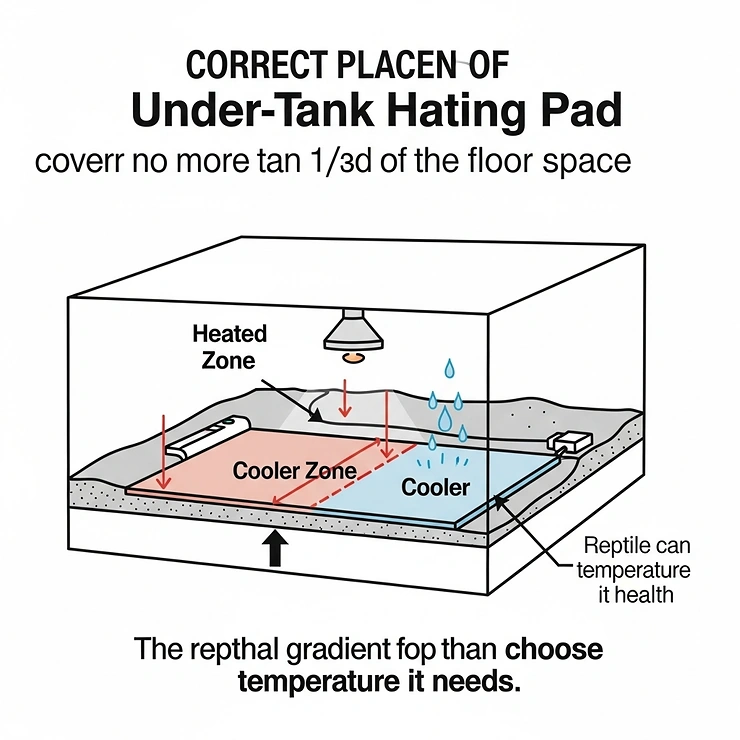 A diagram showing the correct placement of an under-tank heating pad on a reptile terrarium, covering no more than one-third of the tank floor for a proper thermal gradient.