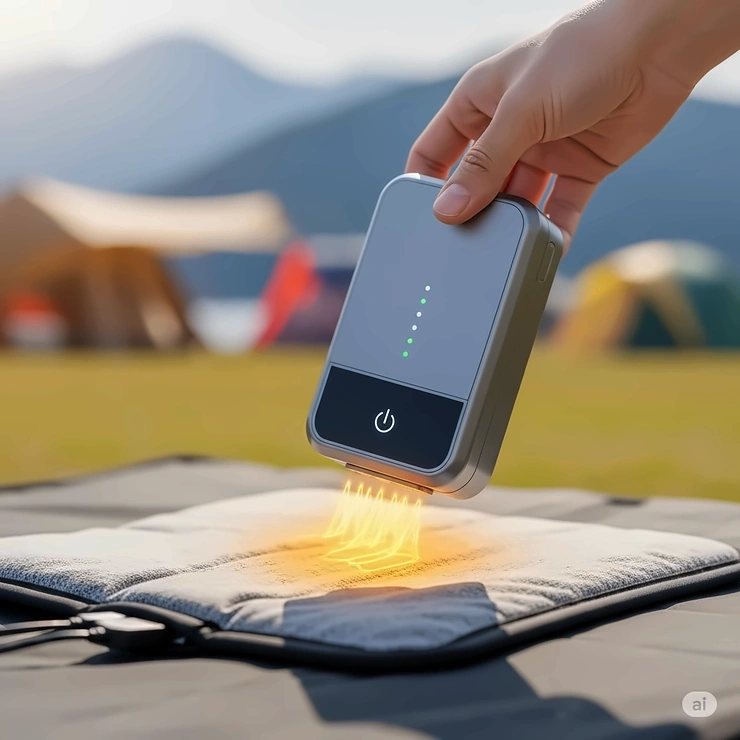 Close-up of a compact electric outdoor blanket being powered by a portable battery pack, emphasizing its cord-free convenience for outdoor adventures.