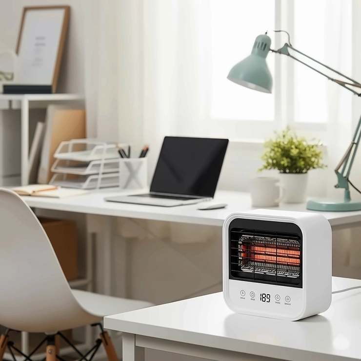 Photo of a compact, portable energy-efficient space heater, ideal for targeted heating in a bedroom or home office.