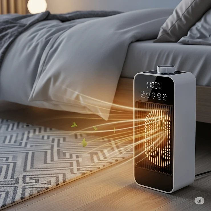 Compact portable fan forced heater providing supplemental warmth in a bedroom, ideal for personal comfort.