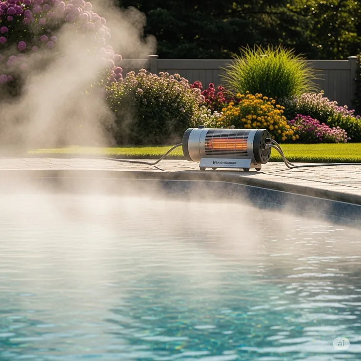 Portable pool heater in operation, visibly warming an inground pool with gentle steam rising.